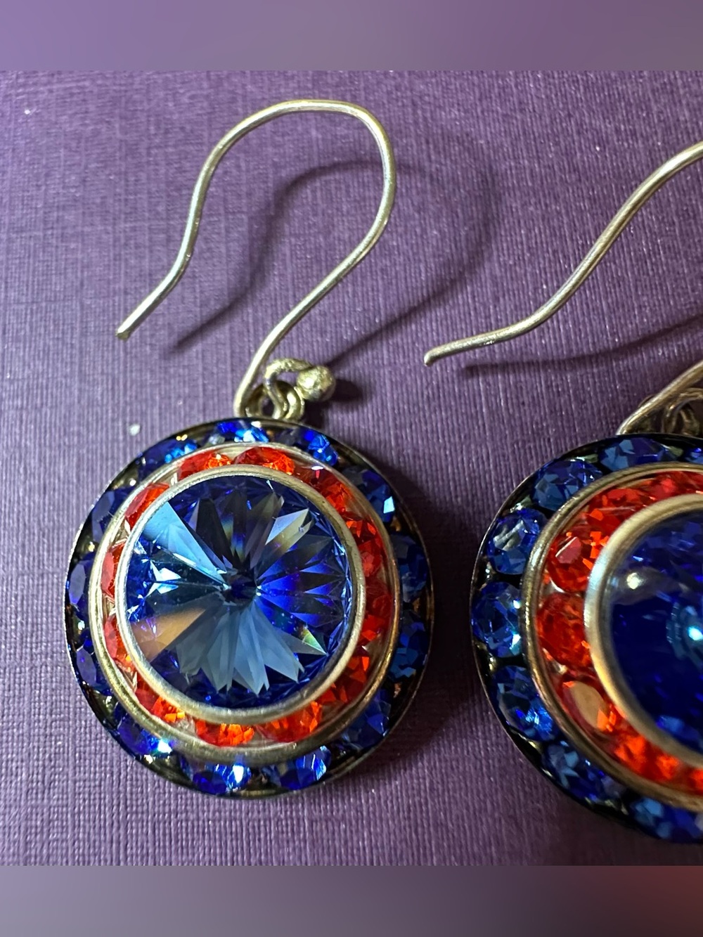 Anne Koplik Americana crystal halo dangle earrings with red and blue stones. - Picture 2 of 7